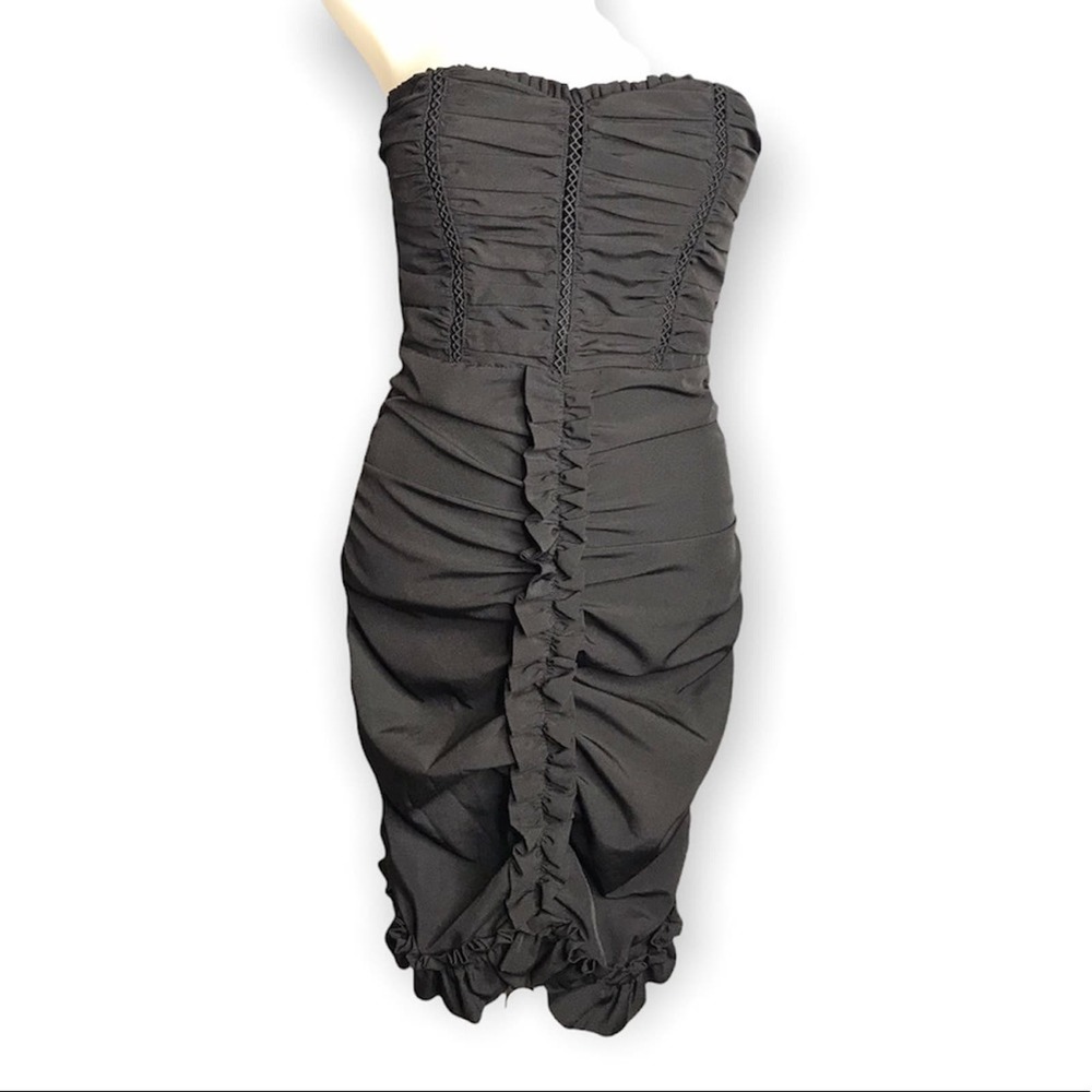 Privy | Black Strapless Statement Dress Ruffle Trim Detailing •
